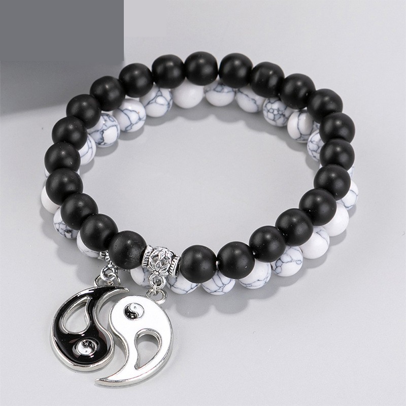 Lovers Gift Jewelry Enameled Yin Yang Gossip Charm White Turquoise Black Beads Strands Bracelet