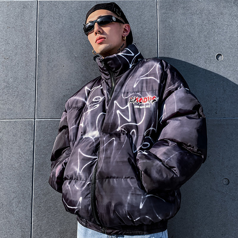 Hip Hop Jacket Parka Illusion Graffiti Streetwear Men Windbreaker Harajuku Winter Padded Jacket Coat Warm Outwear Hipster 201214