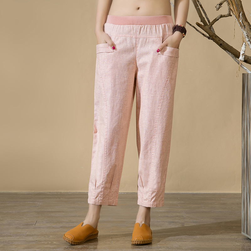 Women Casual Harem Pants Spring Summer Ankle-length Trousers Female Elastic Waist Women Pants Cotton Linen High Waist Pants 4XL 201111