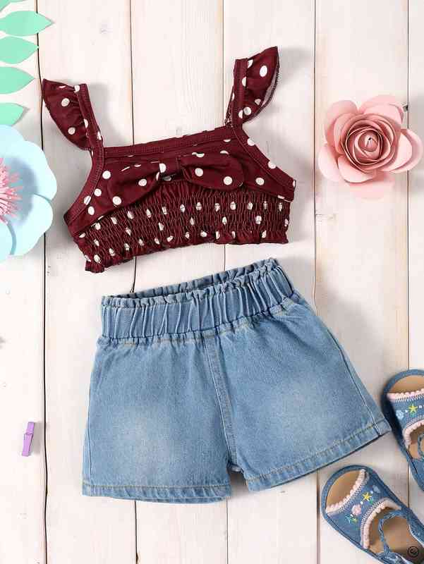 Baby Polka Dot Print Ruffle Trim Shirred Cami Top & Denim Shorts SHE
