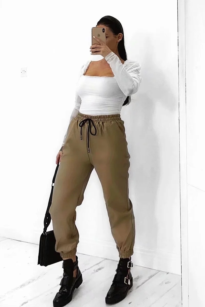 Vintage Khaki PU leather pants women sweatpants streetwear Korean Joggers high waist trousers 201111