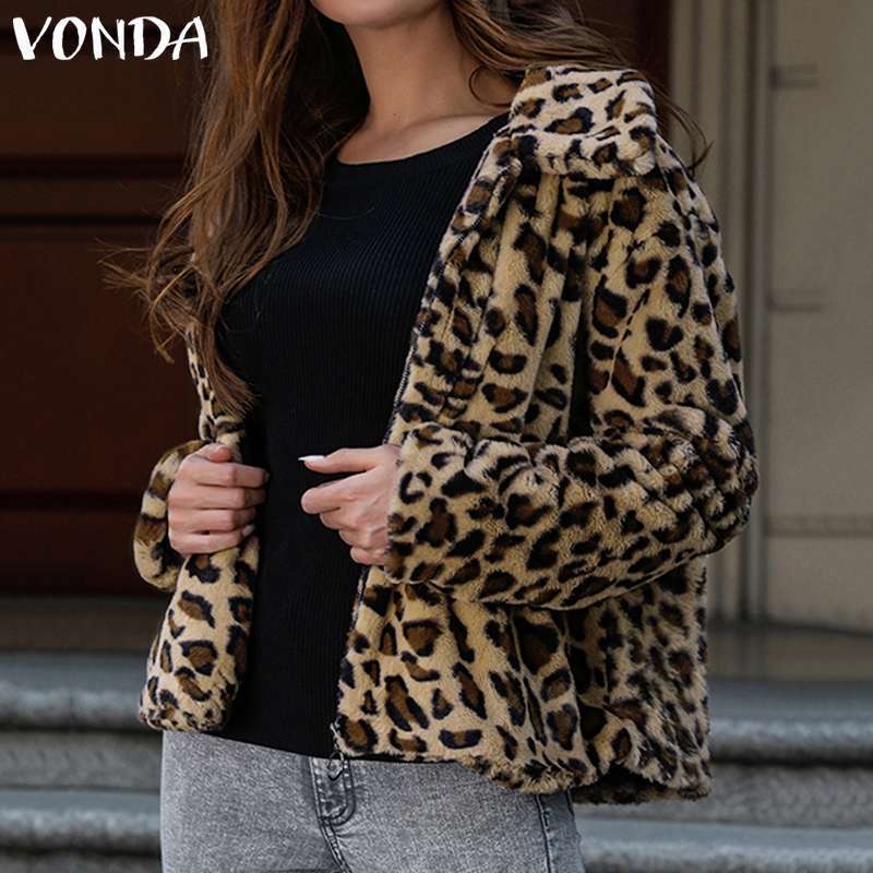 2019 VONDA Women's Fashion Long Sleeve Casual Warm Fleece Jackets Leopard Print Cardigan Oversized Winter Faux Fur Coats Outwear T200111