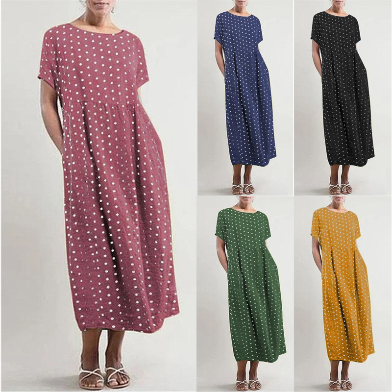 ZANZEA Linen Midi Dress Women's Summer Sundress Fashion Short Sleeve Shirt Vestido Elegant Female O Neck Pleated Party Robe T200620