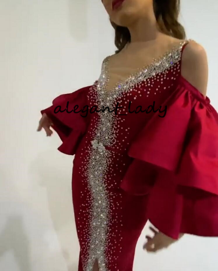Burgundy Arabic Mermaid Evening Dresses 2021 Crystal Beaded Puffy Half Sleeves Sheer Neck Long Prom Gowns vestidos de fiesta