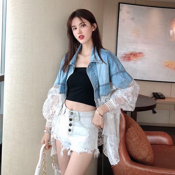 New Summer Long Sleeve Large Size Jeans Jackets Women's Coat Loose Lace Stitching Perspective top Jacket Ladies denim coat 201126