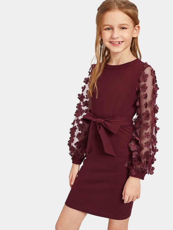 Girls Mesh With Appliques Belted Dress SHE
