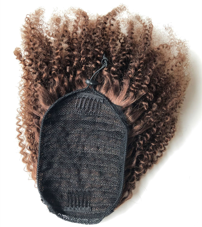 Medium brown kinky curly drawstring ponytail hair piece 100% human hair ponytail clip in afro puff chignon updo