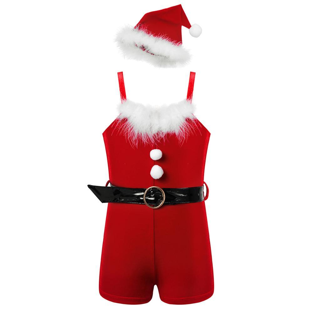 Christmas Clothes Kids Girls Santas Helper Dance Costume Velvet Leotard Jumpsuit Dance Biketard With Hat Christmas Party OutfitsX1019