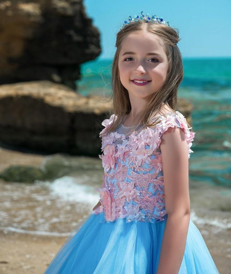 Princess Appliques Flower Girl Dress Color Matching Blue&Pink Custom Made Birthday Gowns Back Lace Up Pageant First Communion Dresses