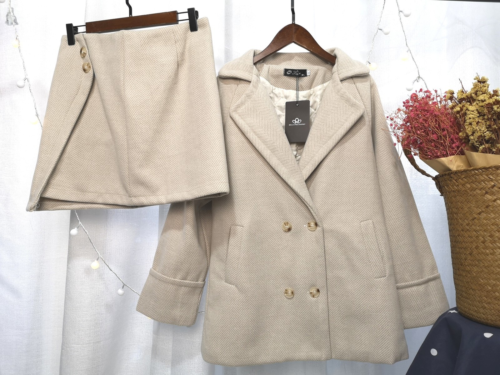 Bella Philosophy Autumn Winter Women Woolen Suit Office Lady Double Breasted Blazer Female Elegant Two Piece Set 201103