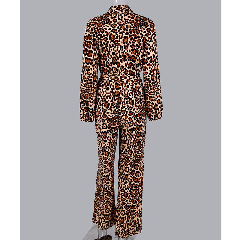 Sexy women romper Leopard Tied Waist Long Sleeve Jumpsuit T200509