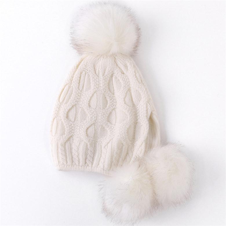 Beanie/Skull Caps Women Hats Autumn Winter Wool Beanies Hat Three Hair Ball Back Open Knit Double Thick Fur Bonnet Beanie Cap