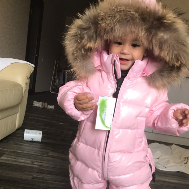 Winter warm baby rompers Jumpsuit Children duck down overalls Snowsuit toddler kids boys girls fur hooded romper costume clothes 201030