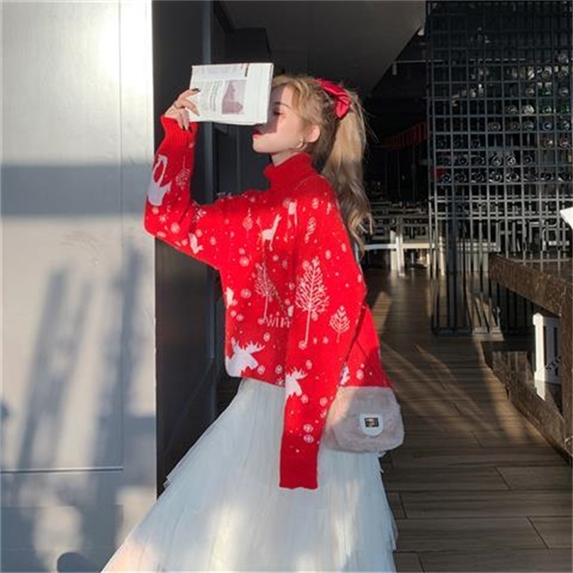 Autumn And Winter Loose Wearing Retro Hong Kong Flavor Wear Christmas Super Fairy Turtleneck Pullover Sweater Women Lazy Trend 201223