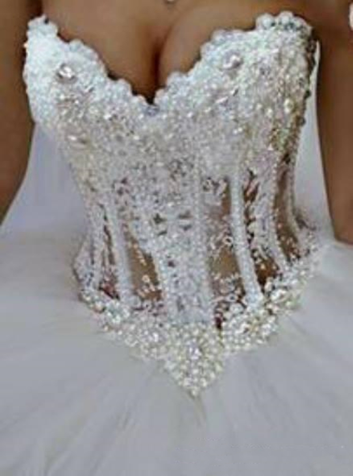 Princess Sweetheart Corset A Line Wedding Dress Pearls Beaded Arabic Dubai Long Ivory Wedding Gowns Strapless Sleeveless Floor Length Garden Bridal Dr