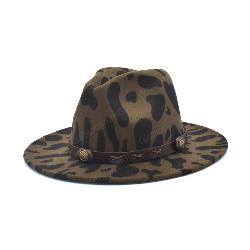New Fashion Cow Print Jazz Caps Men Fedoras Hats Women Wool Felt Wide Brim Vintage Cowboy Hat