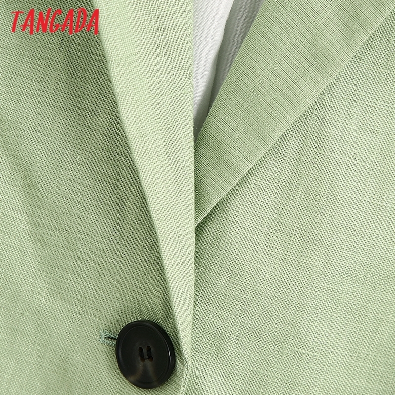 Tangada women green cotton linen blazer female long sleeve elegant jacket ladies work wear formal suits BE753 201114