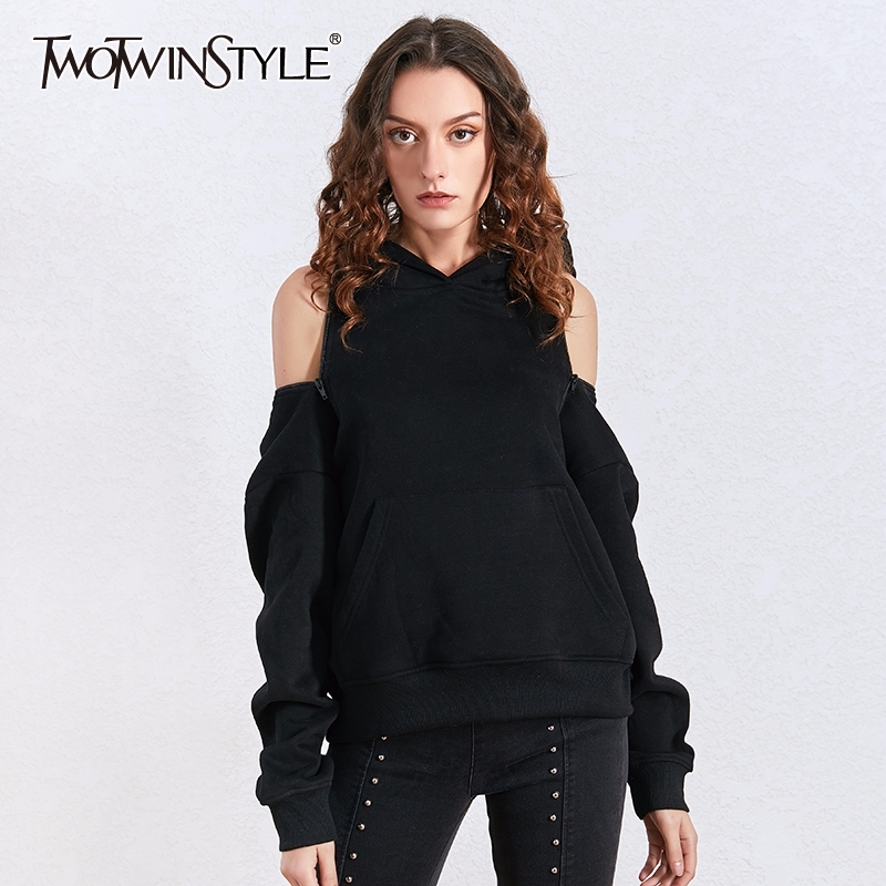 TWOTWINSTYLE Fashion Zipper Sexy Hoodies Tops Female Long Sleeve Casual Sweatshirt Women Autumn Winter New Big Sizes 201102