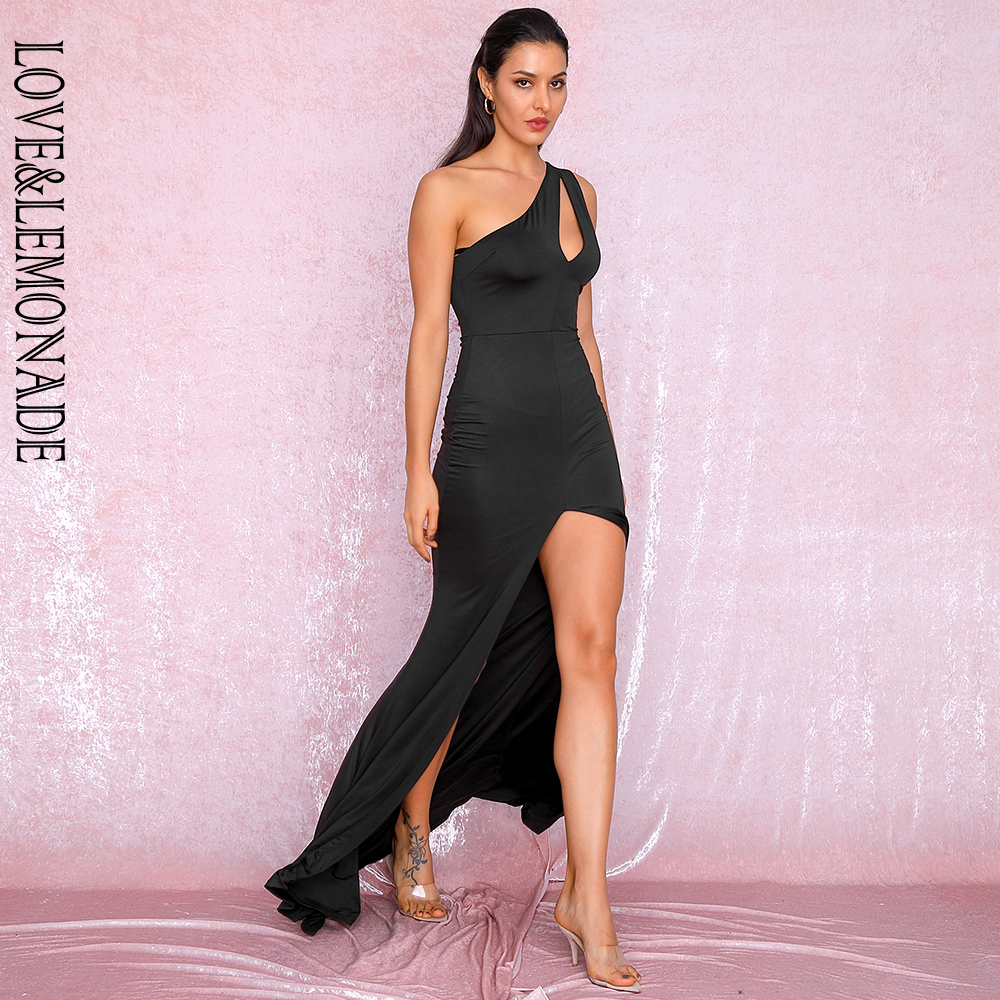 LOVE&LEMONADE Sexy Black One-Shoulder Cut Out Bodycon Elastic Material Split Party Maxi Dress LM81921 T200604