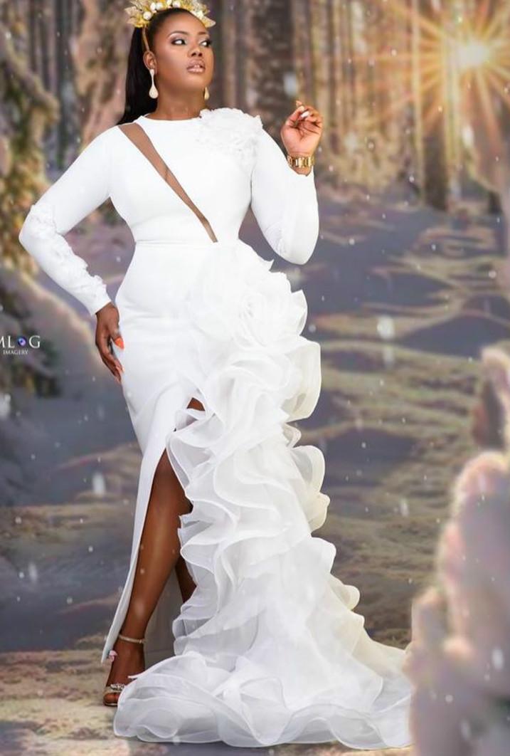 White Mermaid Evening Dresses Plus Size Long Sleeves Side Slit Ruffles Organza Formal Marriage Prom Bridal Gowns Robe de mariée