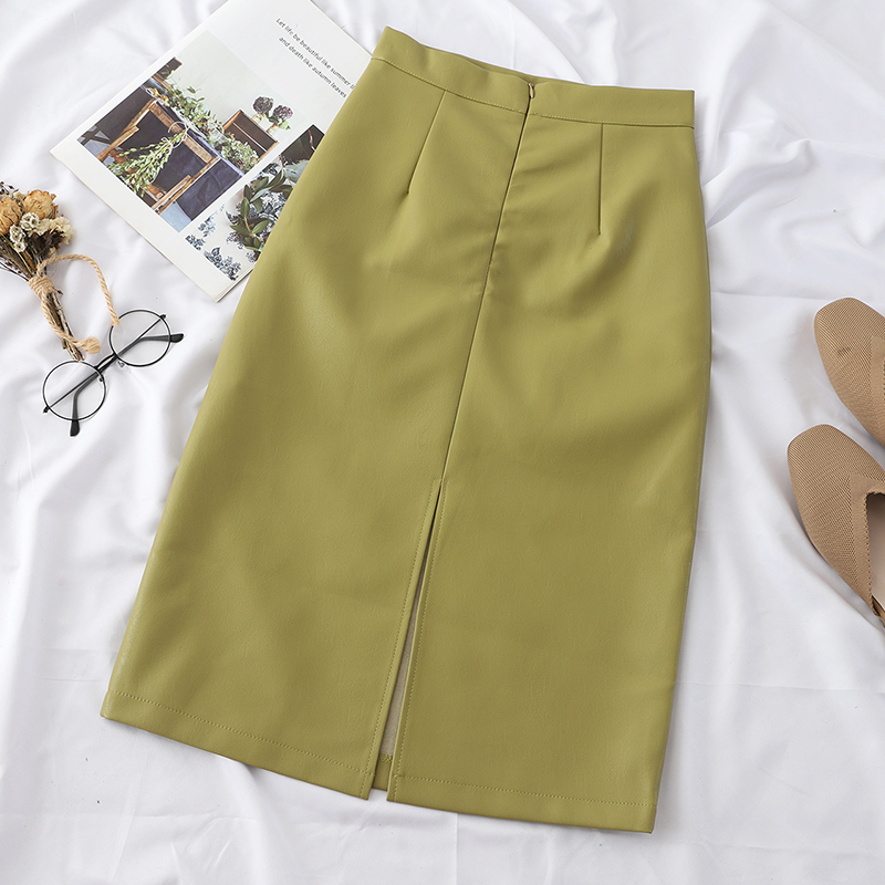 HELIAR PU Leather Solid Split High Waist Straight Highstreet Spring Midi Skirts Women T200324
