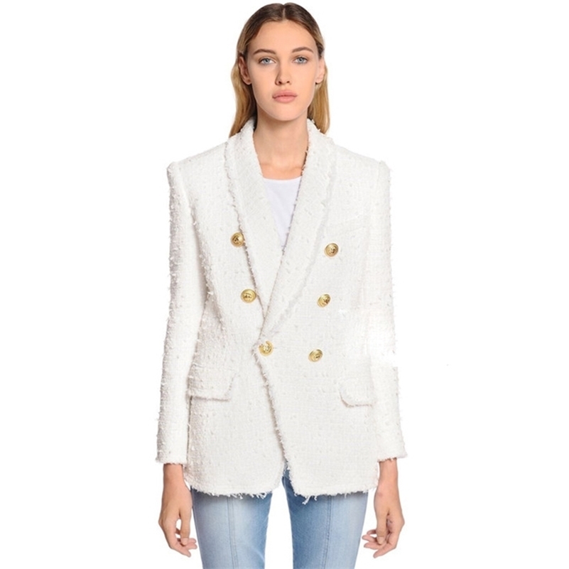 HIGH QUALITY Newest Fashion Designer Blazer Women' Shawl Collar Double Breasted Lion Buttons Tassel Tweed Jacket Over Coat 201114, White
HIGH QUALITY Newest Fashion Designer Blazer Women' Shawl Collar Double Breasted Lion Buttons Tassel Tweed Jacket Over Coat 201114, White