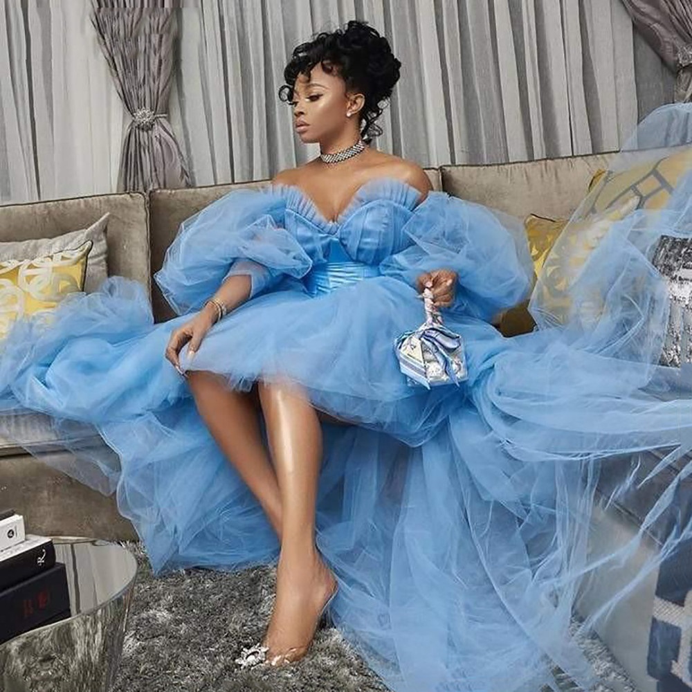 Chic Sky Blue High Low Prom Dresses With Puff Long Sleeves 2026 Sweetheart Neck Off Shoulder Tulle Formal Evening Gowns Black Girls Homecoming Graduat