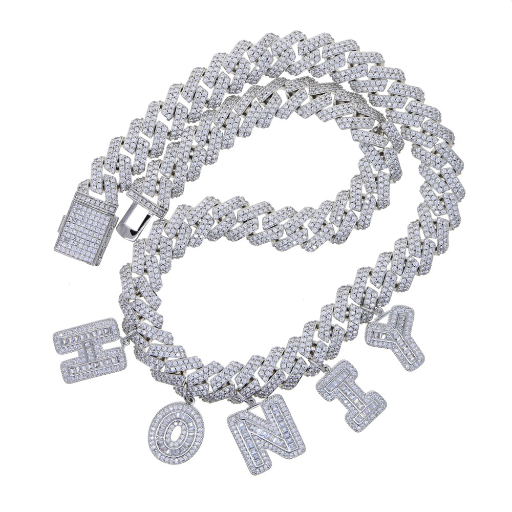 Top quality 5A cubic zirconia 12mm width cuban link chain Gold color iced out bling baguette cz 26 Alphabet Initial charm name necklace