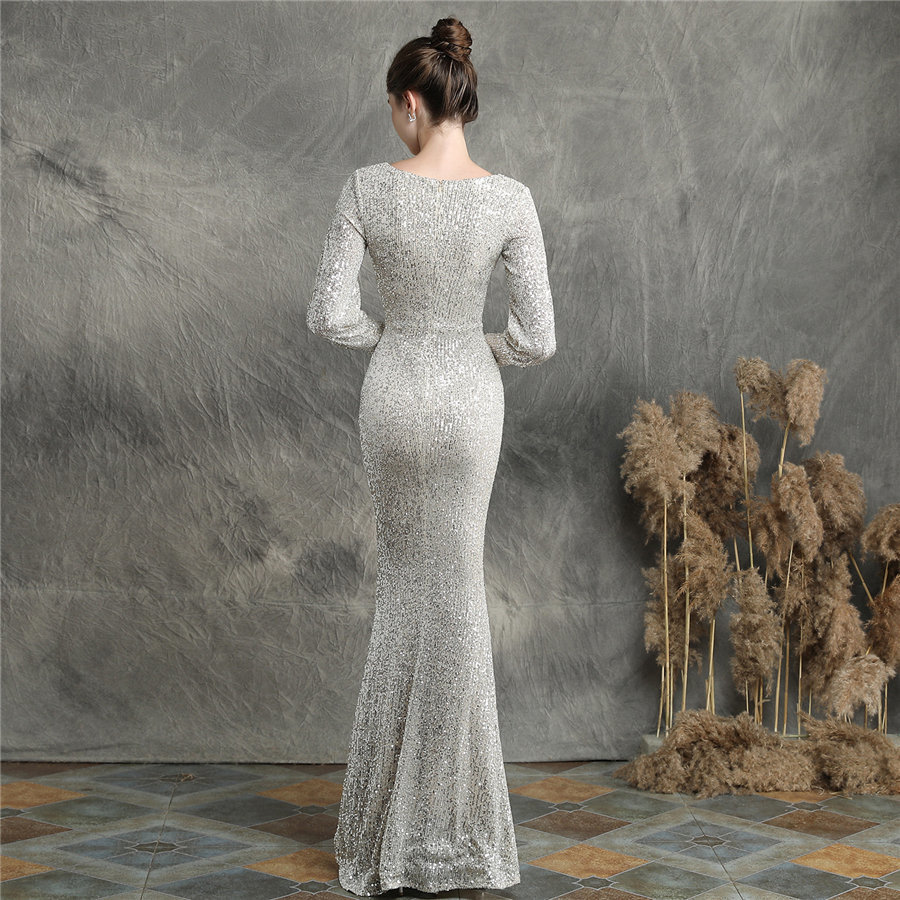 Sequins Women Party Dress DX2406 New Plus Size Mermaid Prom Dress Robe De Soiree Apricot Silver Long Sleeves Evening Dress 201114