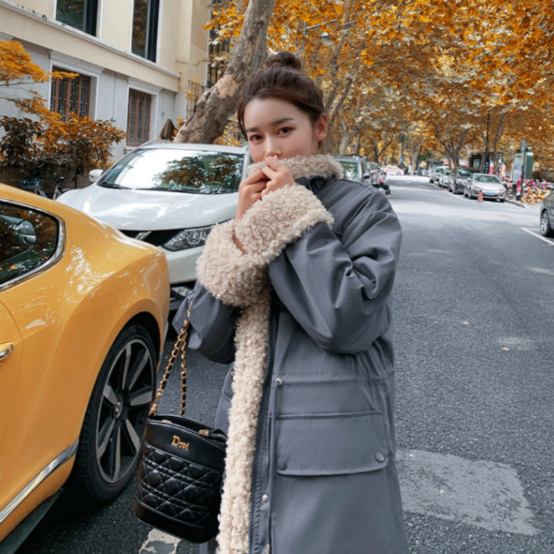 Women Winter Stand Collar Lamb Wool Liner Thicken Long Parka Slim Waist Jacket Full Sleeve Big Pocket Coat Oversized Overcoat 201202