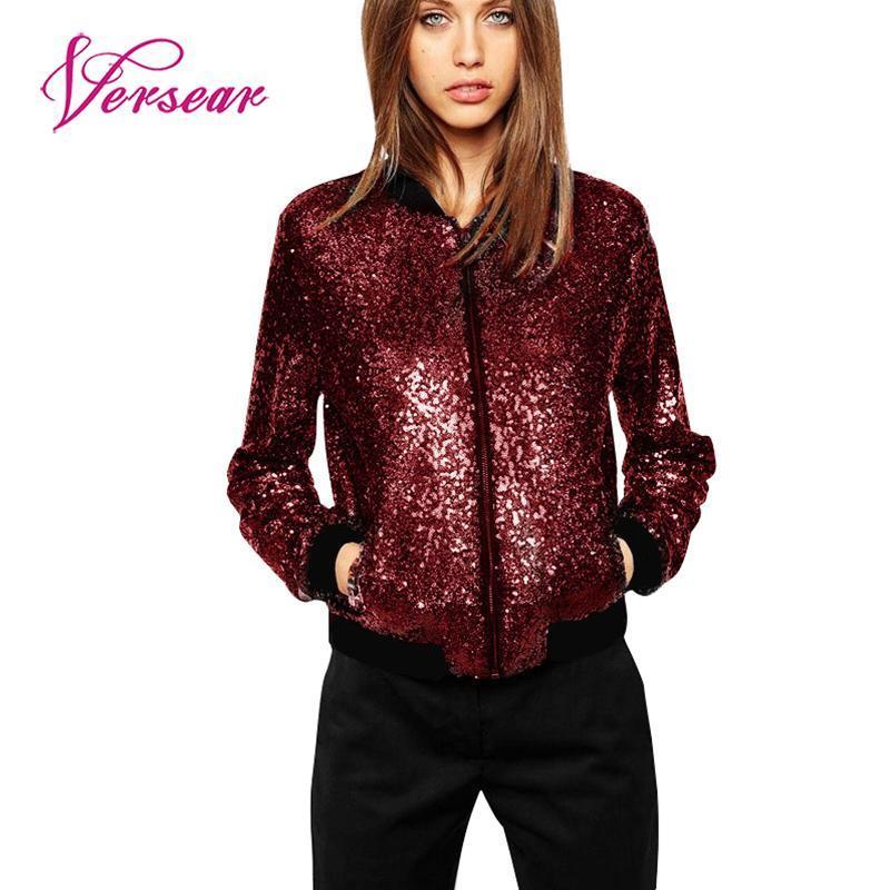 Versear Spring Autumn Women Sequin Coat Bomber Jacket Long Sleeve Zipper Streetwear Tunic Loose Casual Basic Lady Outwear 201017