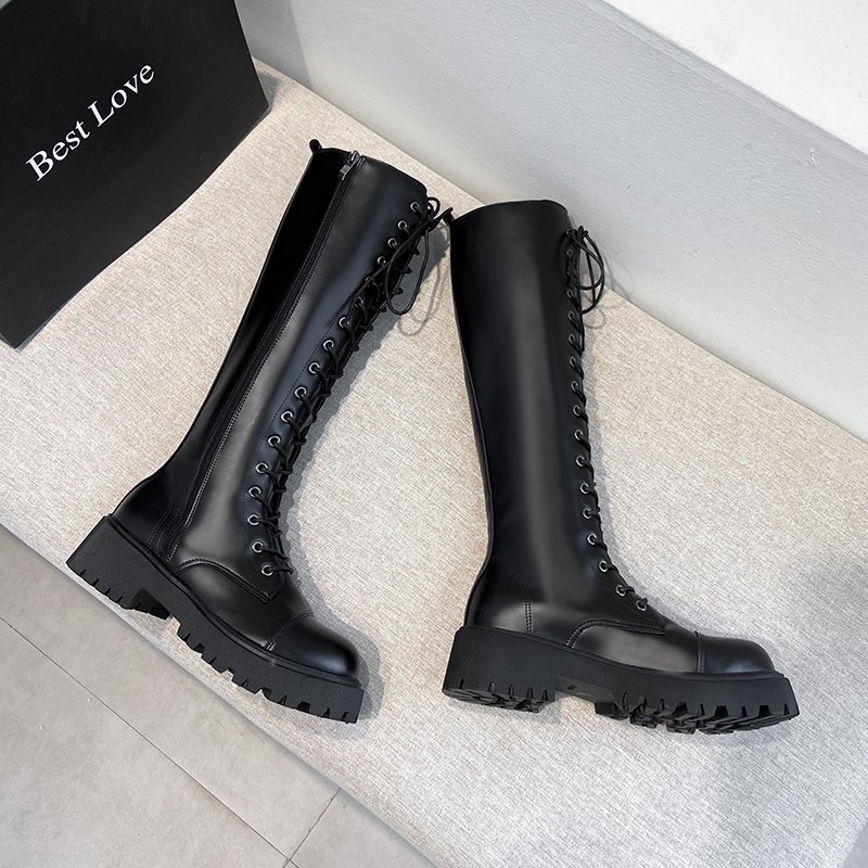 Women Combat Boots Antumn Female High Platform Gothic Shoes Black Leather Boots Lace up Women Knee High Boots 201019