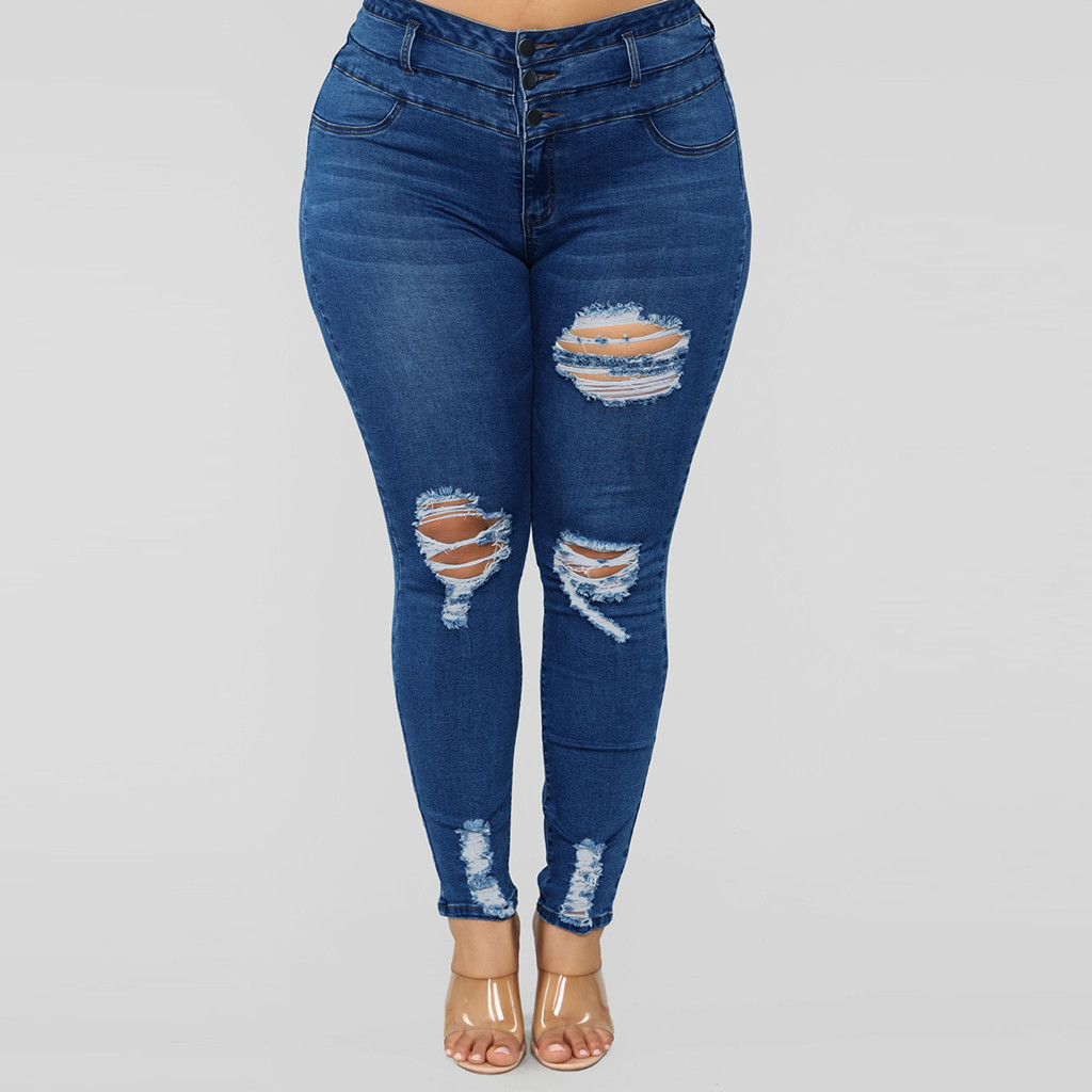 Jaycosin jeans woman Plus Size 4XL Pocket Hole Denim Button Zipper High Waist Pants jean femme ripped jeans for women jeans 87 T200608