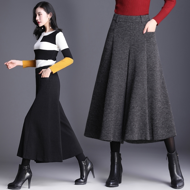 Wide-Leg New Autumn Winter Woolen Flavor Trousers High Waist Plus Size Pants Women Culottes 667A 201228