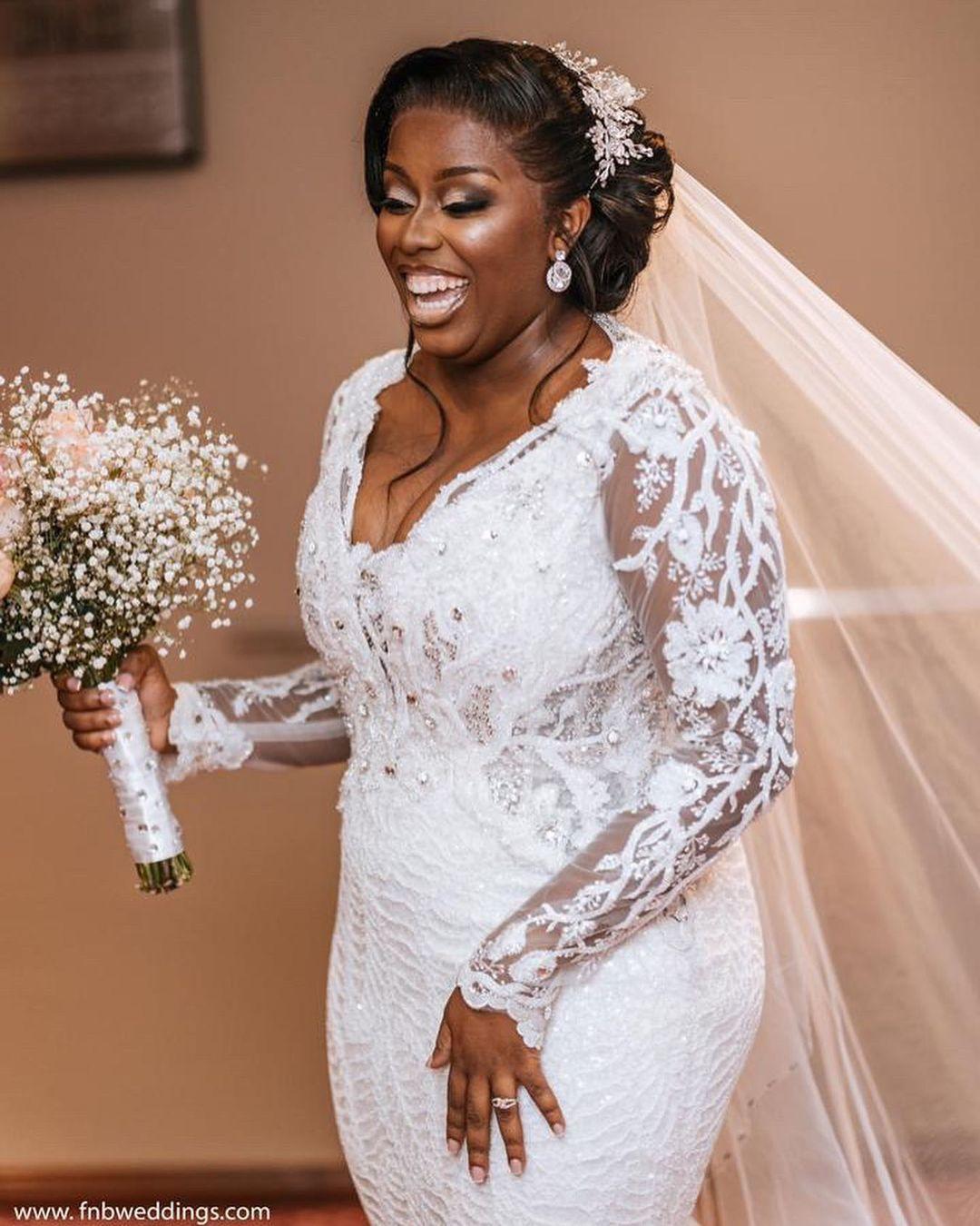 plus size wedding dresses lace crystal beads mermaid bridal gowns v neck long sleeve elegant robes de marie
