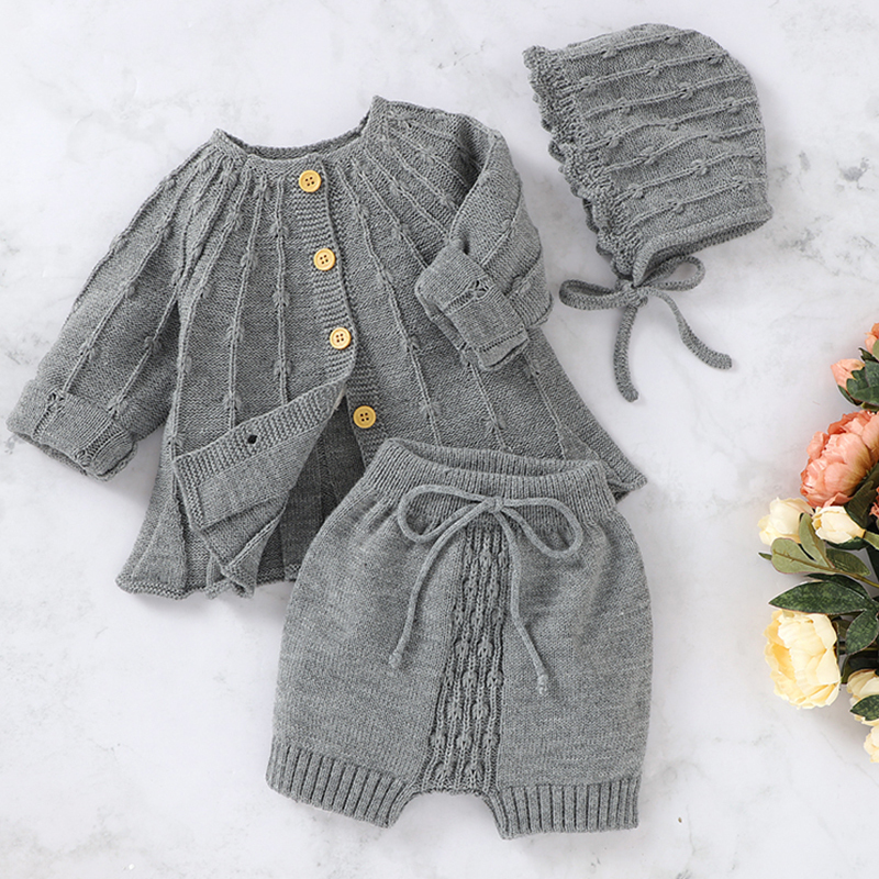 New 2020 Spring Autumn Infant Baby Girls Pure Color Cardigan Coat + Pants+ Hat Clothing Sets Kids Suit Girl Knit Sets Clothes Y1105