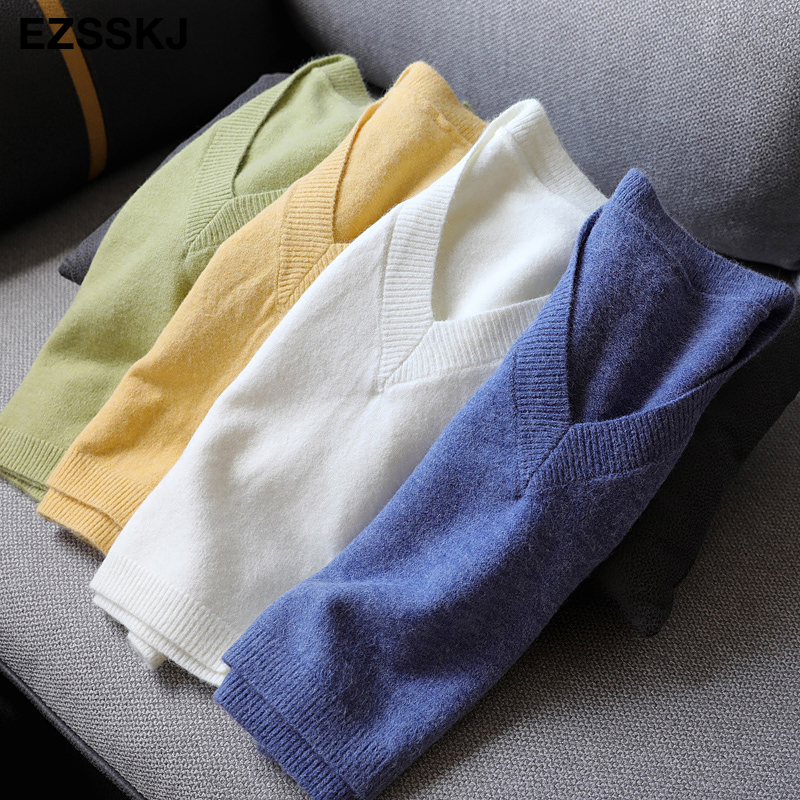 chic casual Autumn Winter Basic short Sweater vest v-neck sleeveless crop Sweater pullovers Women loose Pullover female 201222
