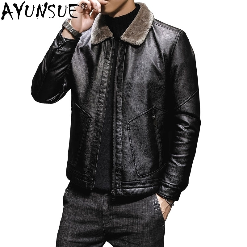 Leather Jacket Genuine Men's Sheepskin Coat Thick Men Clothing Autumn Clothes Male Winter Coats Chaqueta Hombre LXR420 201128
