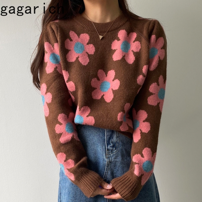 Gagarich Women Sweater Korean Autumn Winter All-match Contrasting Color Flower O Neck Pullovers Loose Long-Sleeved Knitted Tops 201130