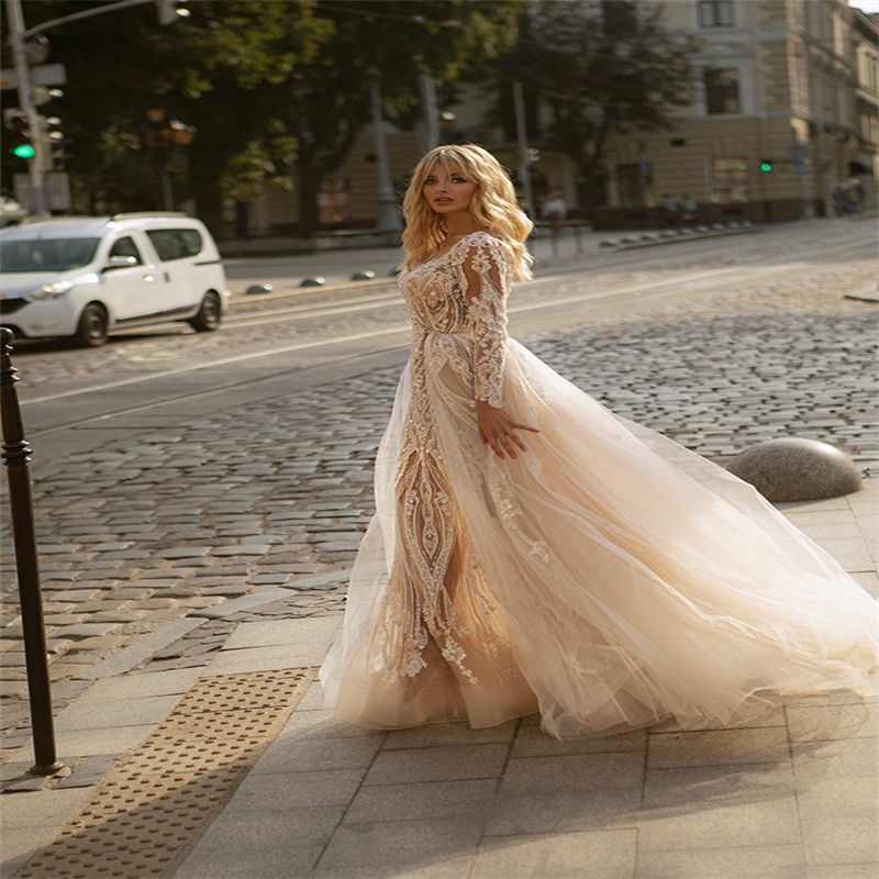 New Arrival Mermaid Wedding Dresses With Detachable Train Appliqued Lace Bridal Dress Long Sleeves Custom Made Gorgeous Robes De Mariée