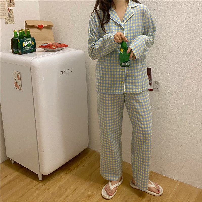 CAIYIER Korean Purple Grid Girls Pajamas Set Cute Winter Long Sleeve Leisure Sleepwear For Women Loose Nightwear Homewear Suit 201113