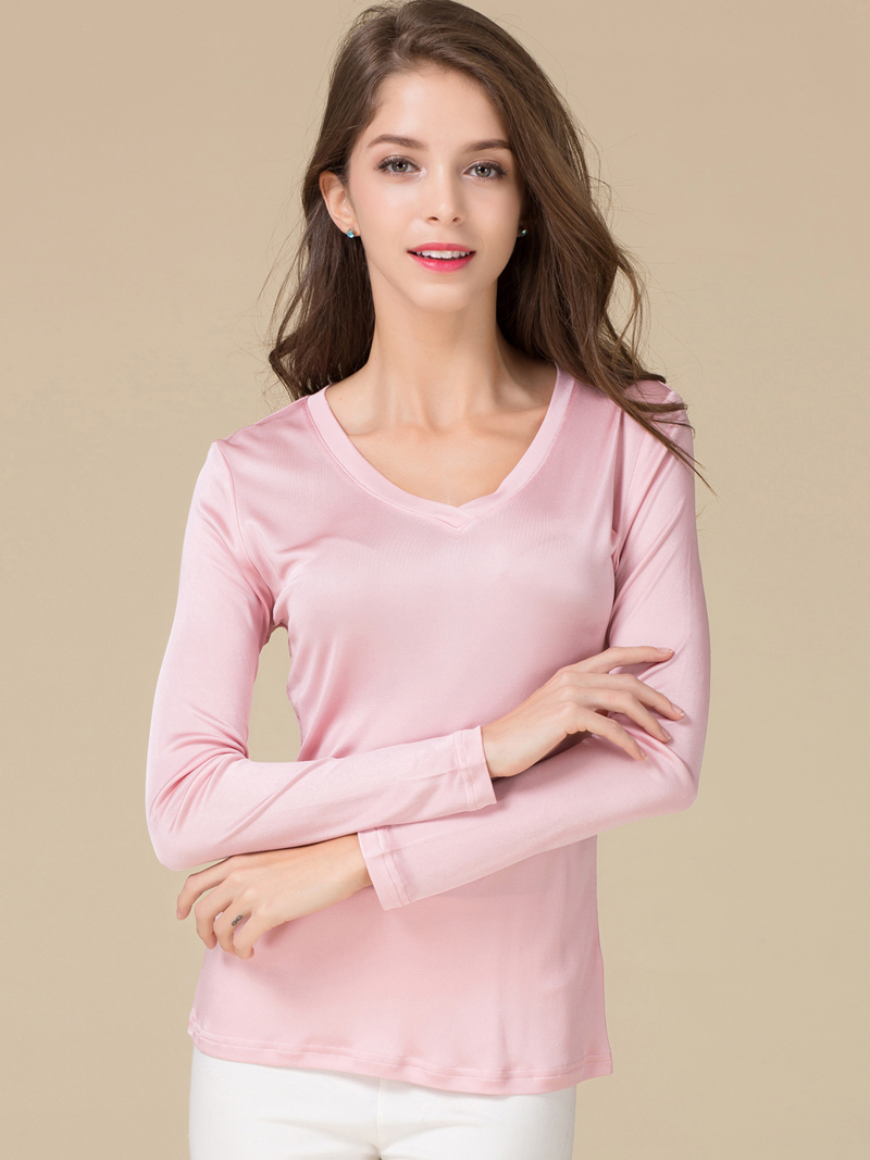SuyaDream Women T shirt Natural silk Long Sleeves V Neck Solid Basic Shirt Pink Blue Purple Bottoming Top 201028