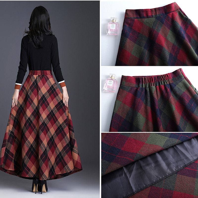 Long Plaid Skirts For Women Warm Wool Elegant High Elastic Waist Office Lady Skirt Spring Female Clothing Plus Size 3XL T200324