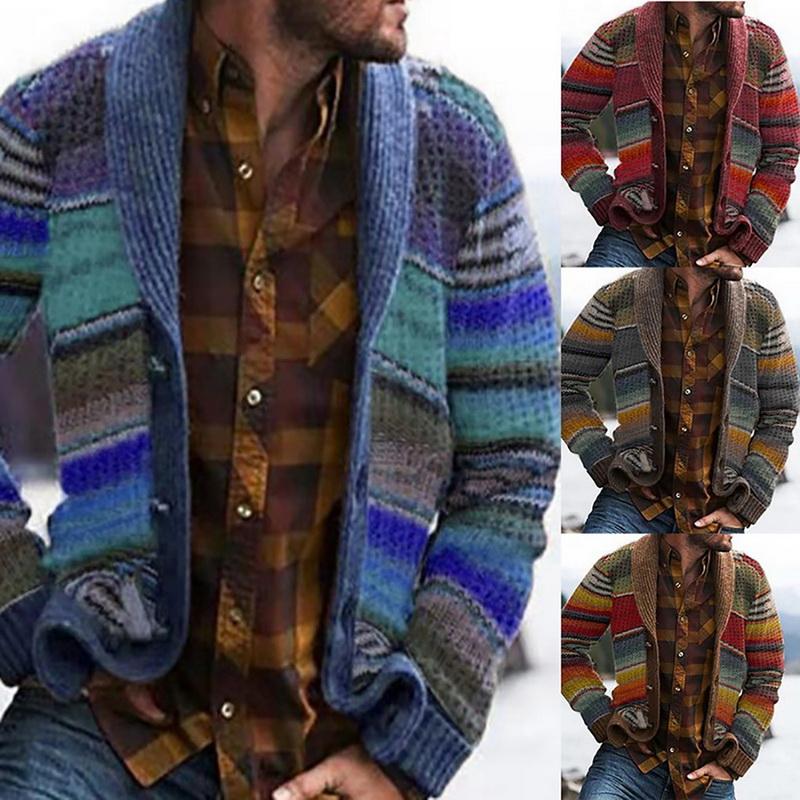 2020 Spring Autumn Coat Men Striped Printed Long-sleeved Cardigan Sweater Men's Vintage Coats Fashion Casual Loose Outwear