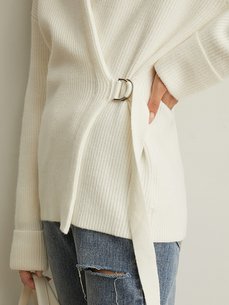 Amii women's spring pine ribbon knitting wool coat new solid full sleeves belt vneck sweater 11940411 201031