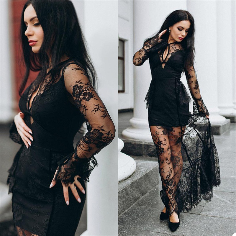 2 Piece Design Evening Dresses High Neck Long Sleeve Full Lace Mermaid Prom Dress Sexy Hollow Sweep Train Custom Made Robe De Soirée