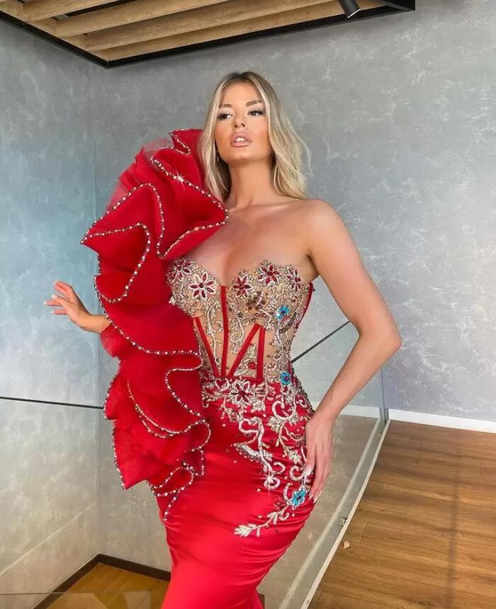 Aso Ebi Red Luxurious Mermaid Prom Dresses Beaded Crystals Stylish fishtail Evening Formal Party Second Reception Gowns Dress