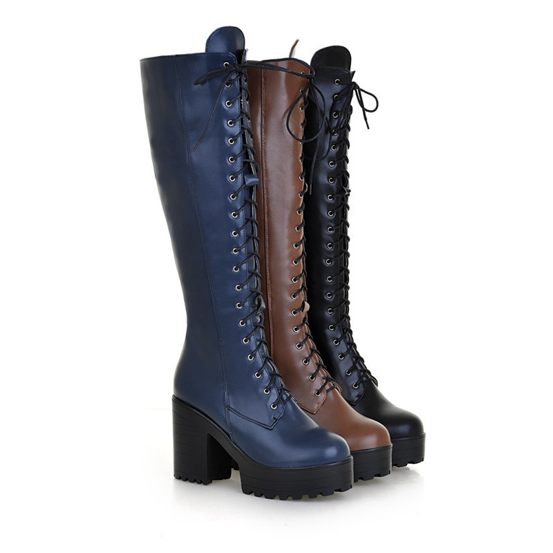 ASUMER new big size knee high boots women square high heels platform ladies boots lace up autumn winter boots female 201110