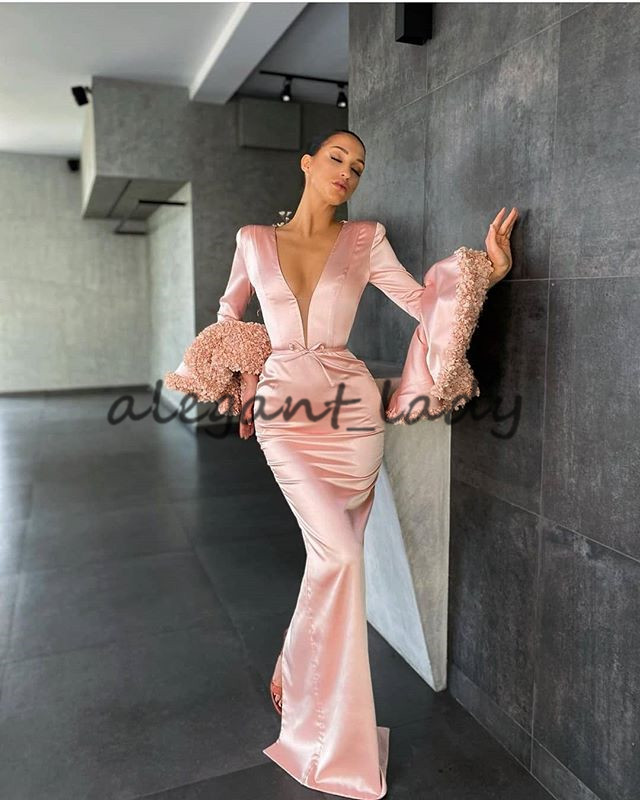 Pearl Pink Mermaid Evening Dresses 2021 Sexy V-neck Floral Long Sleeve Arabic Dubai Prom Gown vestidos formales