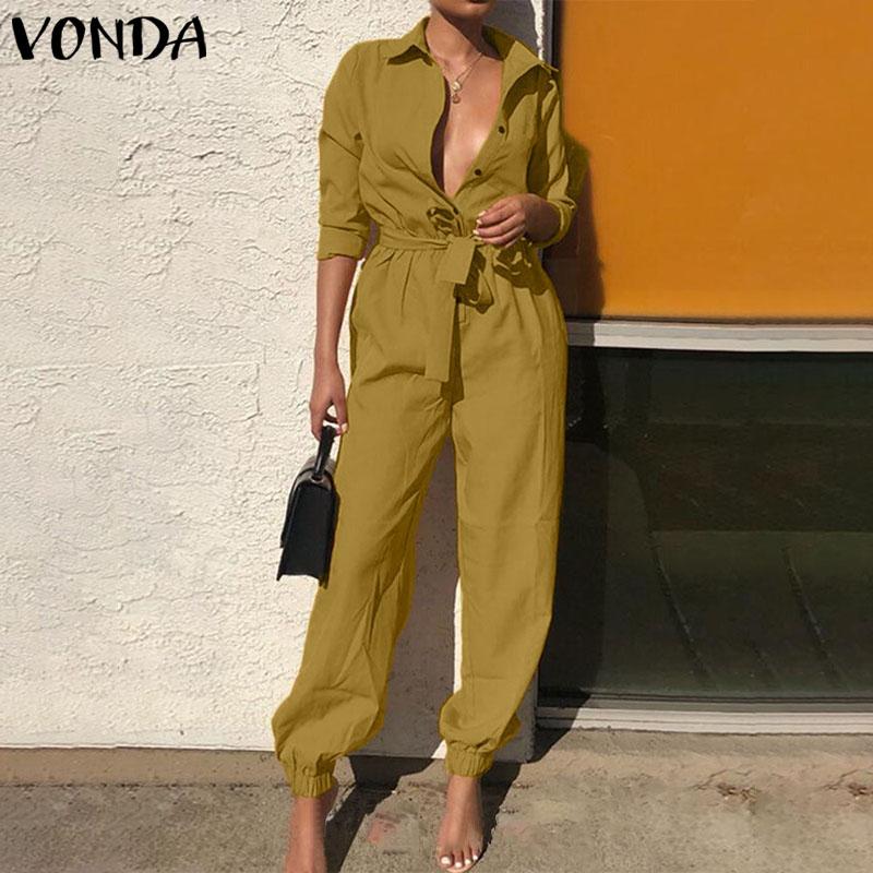 Women's Jumpsuits & Rompers VONDA Party Womens Sexy Overalls 2021 Autumn Casual Pants Vintage Deep V Neck Long Sleeve Playsuits Plus Size